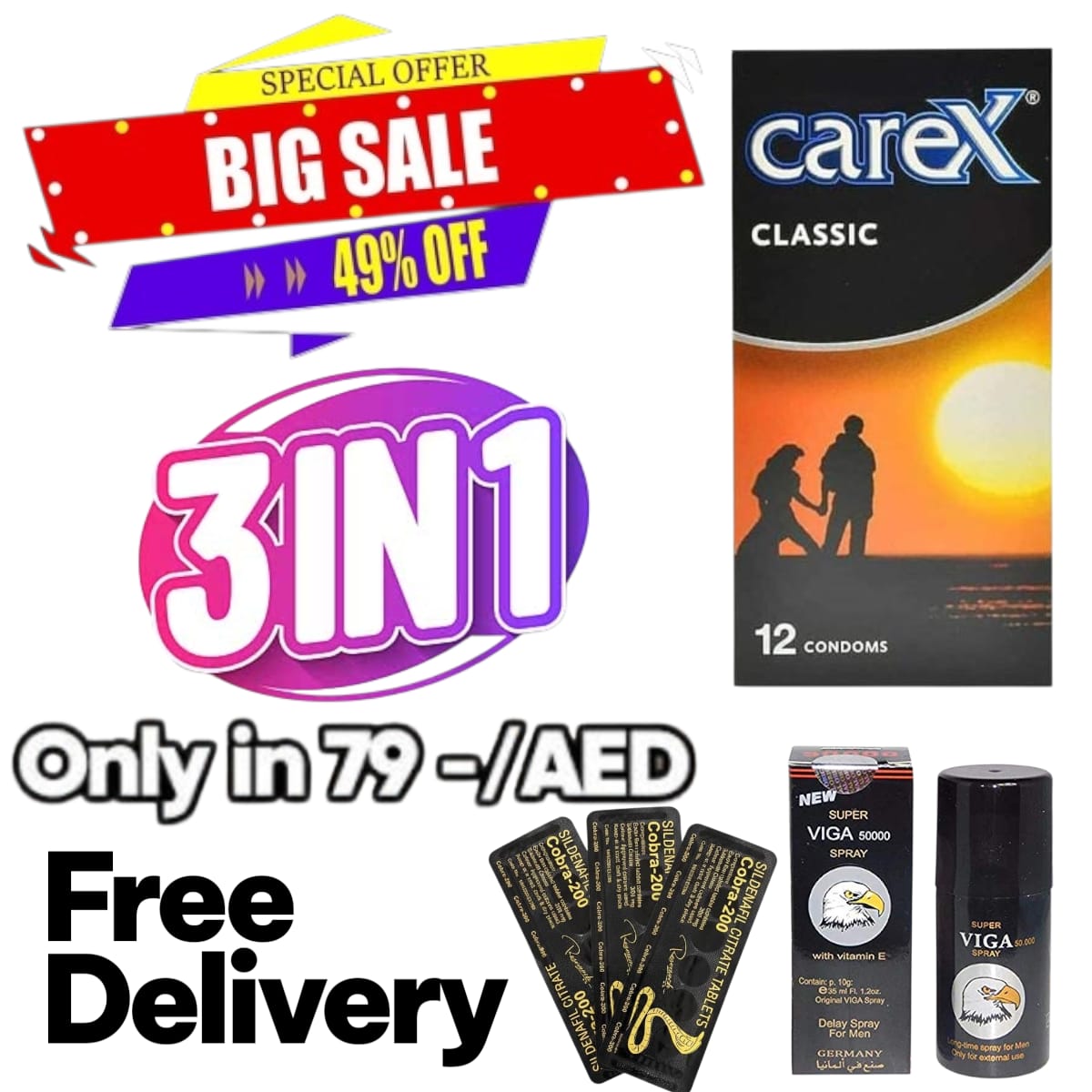 This 3 in 1 Offer Condon 1pack Cobra 1 pack 6 tablets Vega sapry 1 45ml